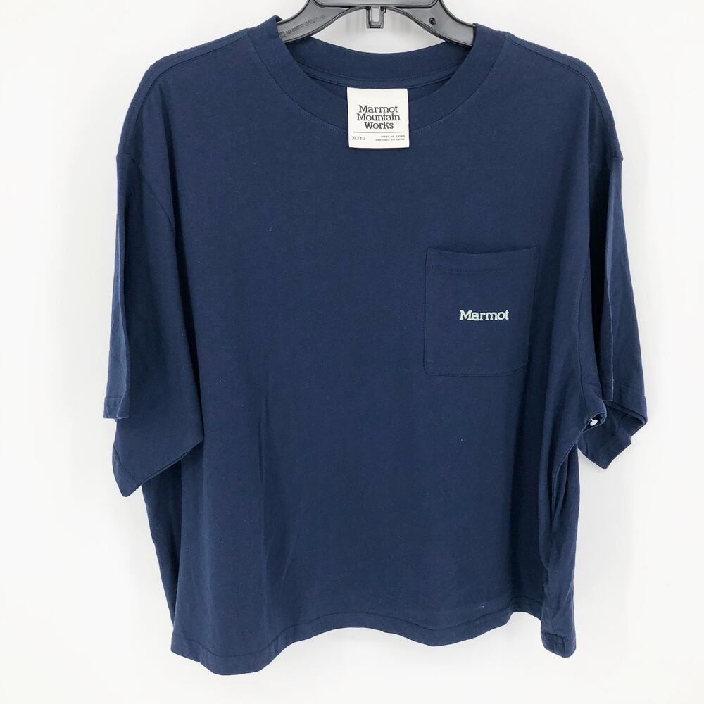 Marmot Womens T Shirt XL Blue Crew Neck Short Sleeve Pullover Chest Pocket NWOT